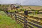 USA, Washington State. Columbia Hills State Park with barn and fence line Art Print
